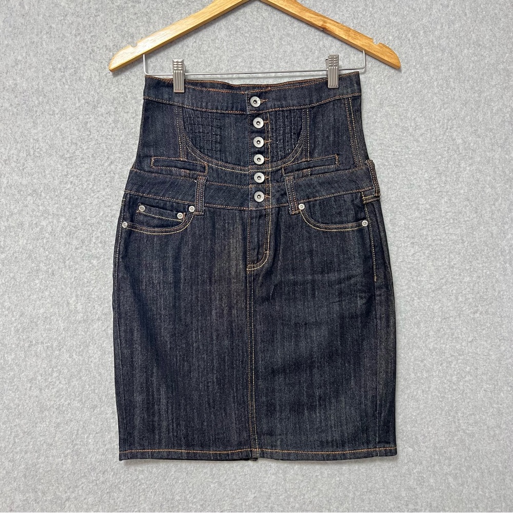 Mudd Y2K High Waist Button Corset Denim Mini Skirt Size 5 Dark Wash